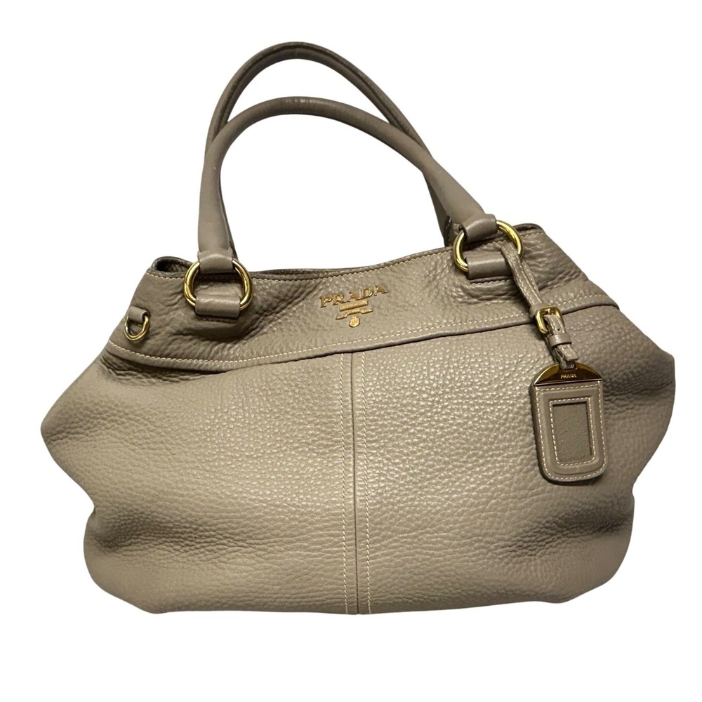 Prada Vitello Daino gray 2 way tot, shoulder or crossbody with gold trim EUC